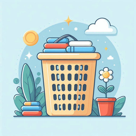 Basket with clean laundry. Cleaning service concept. Vector illustrationのイラスト素材