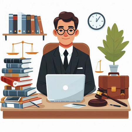 Lawyer in office with laptop and books. Vector illustration in cartoon style.のイラスト素材