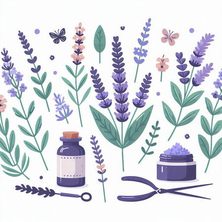 Vector illustration of lavender flowers and aromatherapy essential oil bottle.のイラスト素材