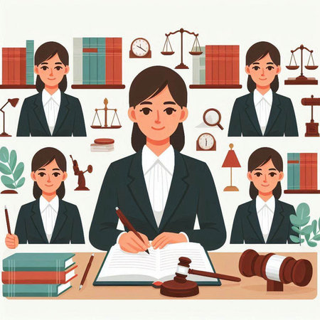 Cartoon illustration of female lawyer or judge working in law office.のイラスト素材