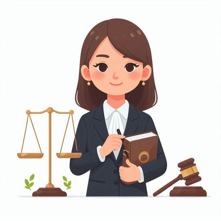 Woman lawyer cartoon character with gavel, books and scales. Vector illustration.のイラスト素材