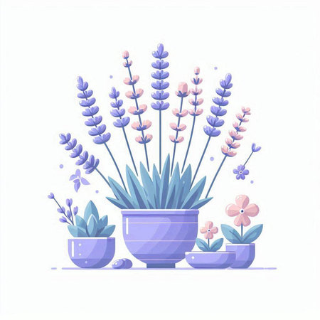 Flowerpot with lavender and other plants. Vector illustration.のイラスト素材