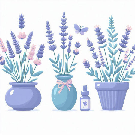 Vector illustration of lavender flowers in vases and bottles with essential oil.のイラスト素材