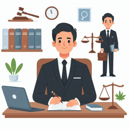 Lawyer at work in office. Lawyer working with documents and laptop. Vector illustrationのイラスト素材