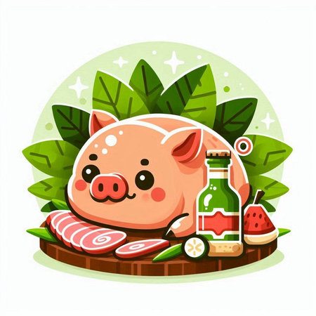 Vector illustration of a cute and funny pig with a bottle of wine, a glass of wine and a piece of meat on a wooden stand.のイラスト素材