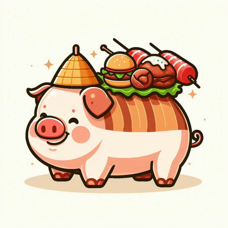Illustration of Cute Pig Cartoon Character with Burger and Sushiのイラスト素材