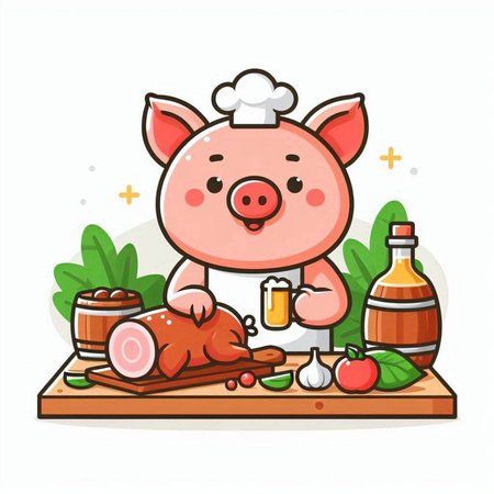 Vector illustration of a pig chef with a glass of beer on a cutting boardのイラスト素材