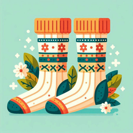 Vector illustration of a pair of socks with floral ornament. Flat style.のイラスト素材