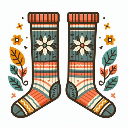Pair of Christmas socks with floral ornament. Hand drawn vector illustration.のイラスト素材