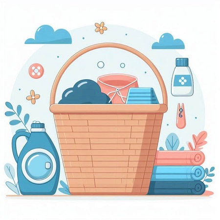 Basket with laundry and cleaning products. Vector illustration in cartoon style.のイラスト素材