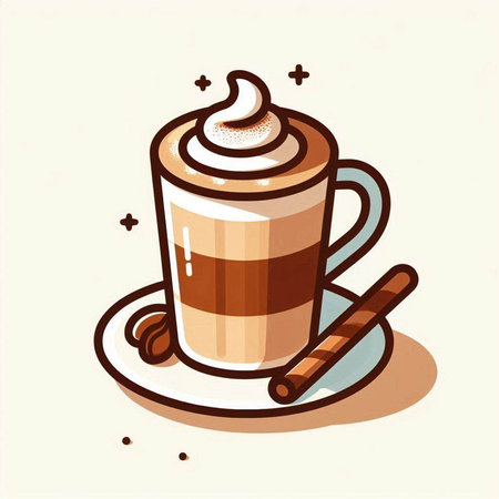 Coffee cup with whipped cream and cinnamon. Vector illustration.のイラスト素材