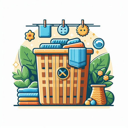 Bin with clean towels. Cleaning service concept. Vector illustrationのイラスト素材