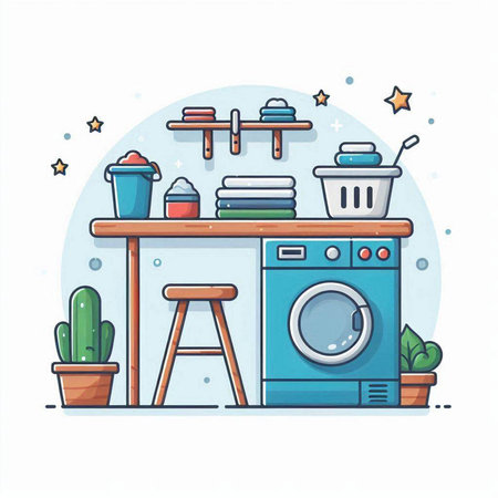 Laundry room with washing machine. Flat design. Vector illustrationのイラスト素材