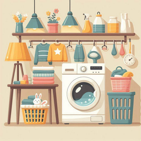 Laundry room interior with washing machine, washing basket, clothes and other things. Vector illustrationのイラスト素材