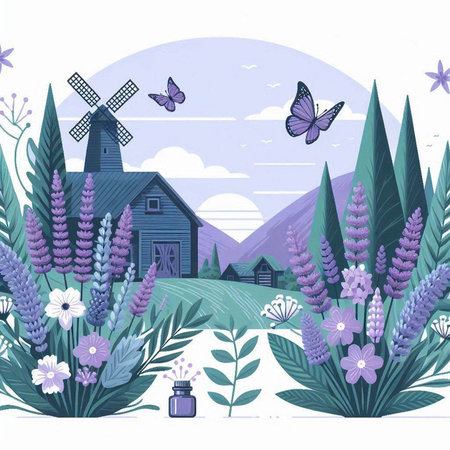 Vector illustration of countryside landscape with windmill, lavender flowers, butterflies and butterflies.のイラスト素材