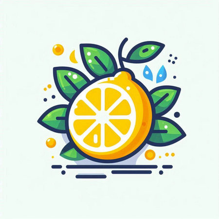 Lemon with leafs and drops of water. Vector illustration in flat style.のイラスト素材