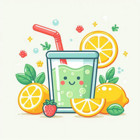 Cocktail with lemon and strawberry. Vector illustration in cartoon style.のイラスト素材