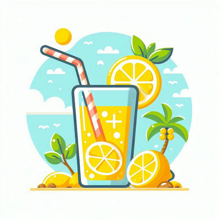 Orange juice with a straw in a glass. Vector illustration on a white background.のイラスト素材