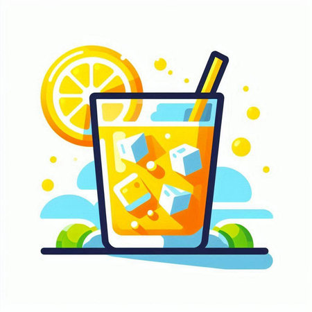 Cocktail with ice cubes and straw. Vector illustration in flat styleのイラスト素材