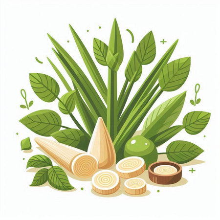 Sugar cane. Vector illustration of sugar cane with green leaves.のイラスト素材