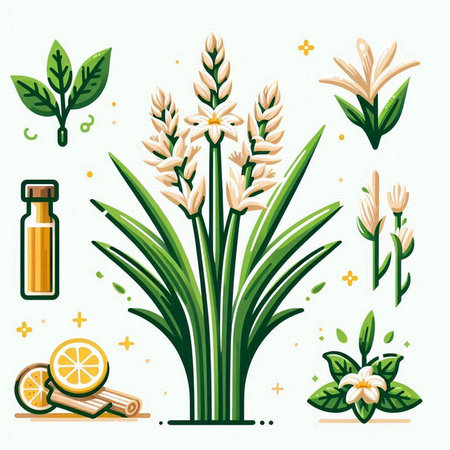Flowers and leaves with essential oil. Vector illustration for your designのイラスト素材
