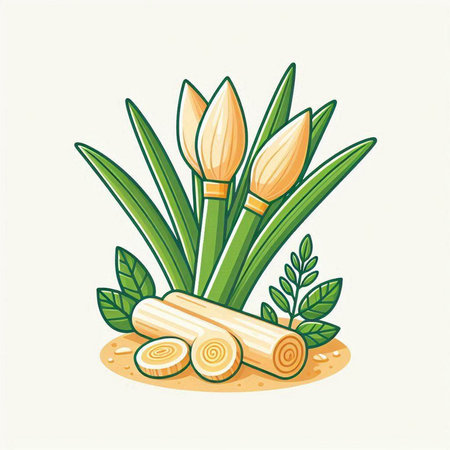 Crocuses with green leaves. Vector illustration in cartoon style.のイラスト素材
