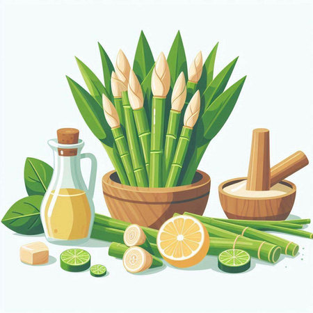 Illustration of spa set with bamboo, lemon, olive oil and mortarのイラスト素材