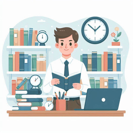 Vector illustration of a man reading a book in a library. Education conceptのイラスト素材