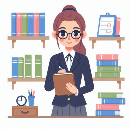 Young woman in school uniform standing in the library. Vector illustration.のイラスト素材