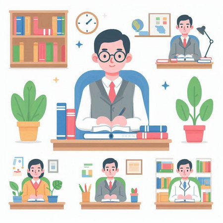 Set of teacher and students. Vector illustration in a flat style.のイラスト素材