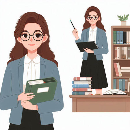 Young businesswoman in glasses standing near bookshelf and holding folder. Vector illustration.のイラスト素材