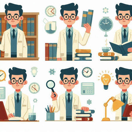 Scientist character design set. Vector illustration in flat cartoon style.のイラスト素材