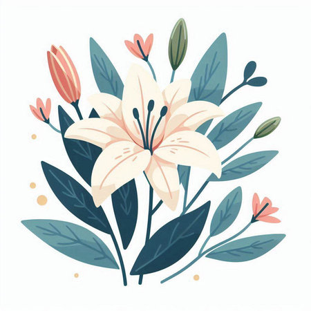 Flower bouquet with lilies and leaves. Vector illustration.のイラスト素材