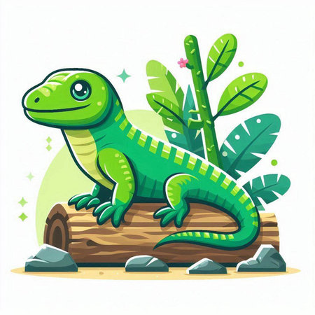 Cute green lizard on a log. Vector illustration in cartoon style.のイラスト素材