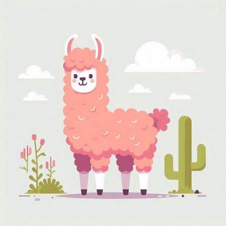 Cute llama in the desert with cactus. Vector illustrationのイラスト素材