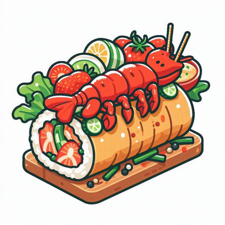 Illustration of a sushi roll with seafood and vegetables on a white backgroundのイラスト素材