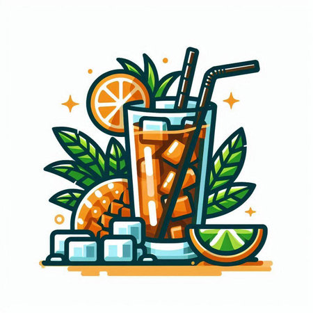 Cocktail with ice, orange and mint. Vector illustration.のイラスト素材