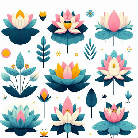 Lotus flower set. Collection of water lilies. Vector illustration.のイラスト素材