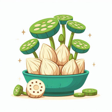 Illustration of lotus seeds in a bowl on a white backgroundのイラスト素材