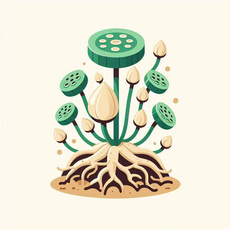 Lotus plant with roots. Vector illustration in cartoon flat style.のイラスト素材