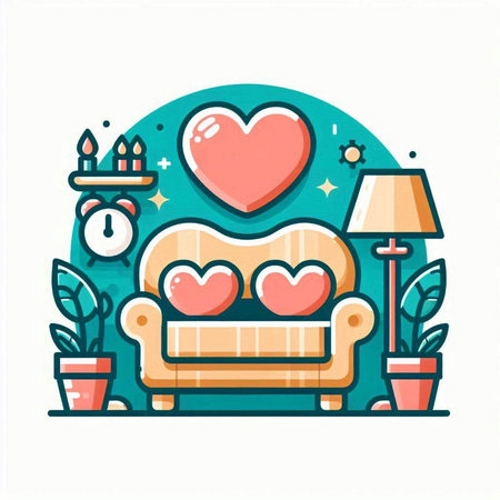 Vector illustration of cozy living room with sofa, armchair, lamp, coffee tablerative plant, heart, clock. Line art design for web, site, advertising, banner, poster, board and print.のイラスト素材