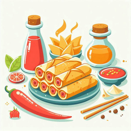 Vector illustration of hot dogs with vegetables and sauce on a white background.のイラスト素材