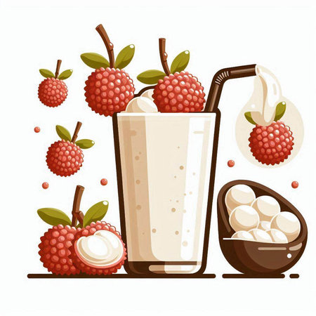 Lychee smoothie in a glass with a straw and ingredients.のイラスト素材