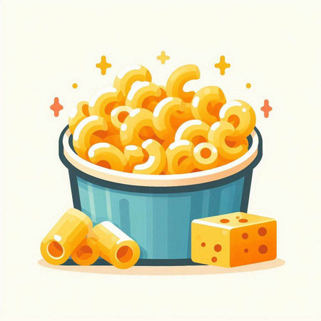 Vector illustration of bowl of macaroni with cheese and pieces of cheeseのイラスト素材