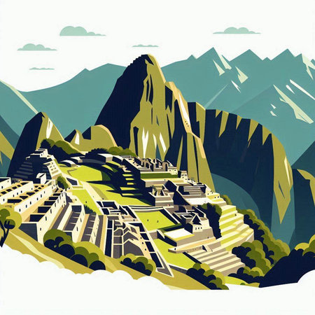 Mountain landscape with a village in the mountains. Vector illustration.のイラスト素材