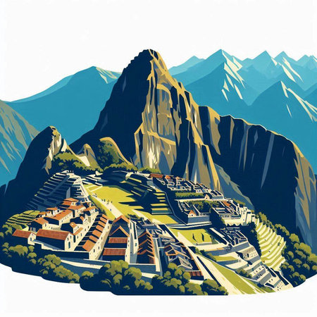 Landscape of the mountains with a village in the foreground. Vector illustration.のイラスト素材