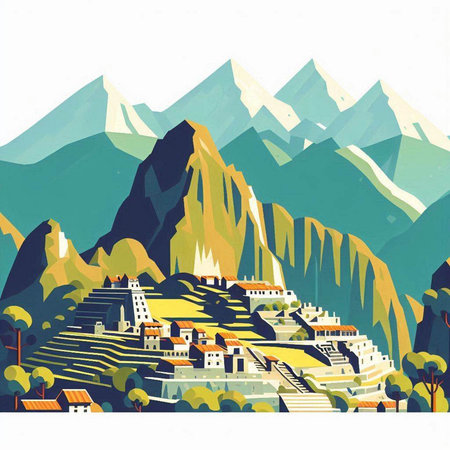 Mountain landscape with a village in the mountains. Vector illustration.のイラスト素材
