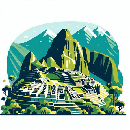Vector illustration of a mountain landscape with houses, mountains and forest.のイラスト素材