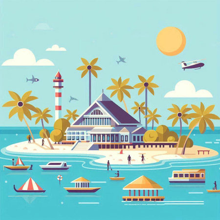 Tropical beach with palm trees, lighthouse and boats. Vector illustrationのイラスト素材