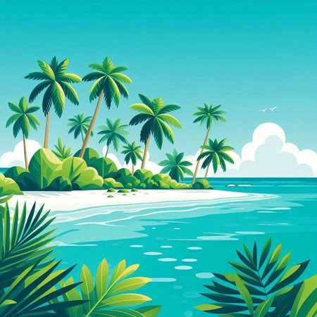 Tropical island with palm trees and sea. Vector illustration.のイラスト素材